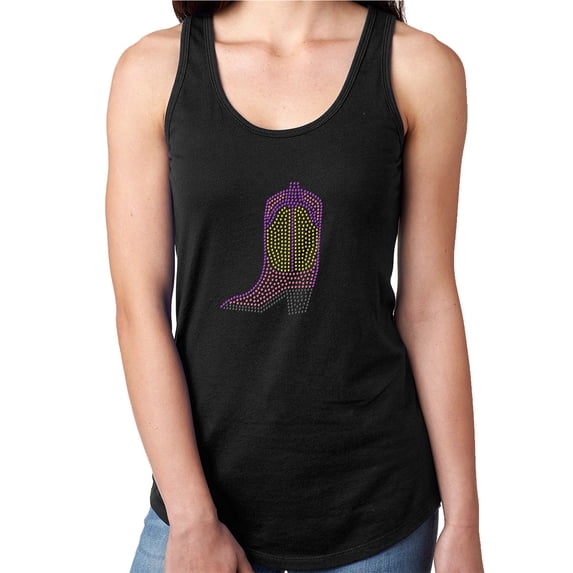 Womens T-Shirt Rhinestone Bling Black Tee Cowgirl Pink Purple Boot Tank Racer Back Small