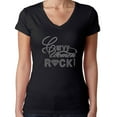 thumbnail image 1 of Womens T-Shirt Rhinestone Bling Black Tee Curvy Women Rock V-Neck Large, 1 of 2