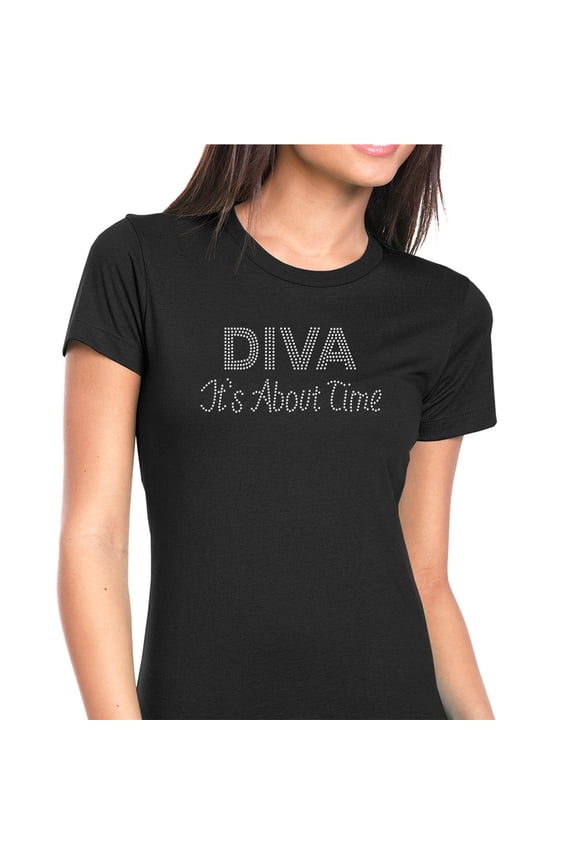 Womens T-Shirt Rhinestone Bling Black Tee DIVA It's All about me Sparkle Crew Neck XX-Large