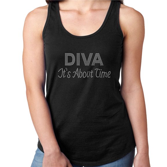 Womens T-Shirt Rhinestone Bling Black Tee DIVA It's All about me Sparkle Tank Racer Back Large