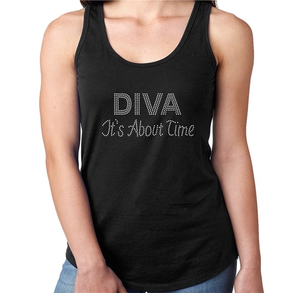 Womens T-Shirt Rhinestone Bling Black Tee DIVA It's All about me Sparkle Tank Racer Back Small