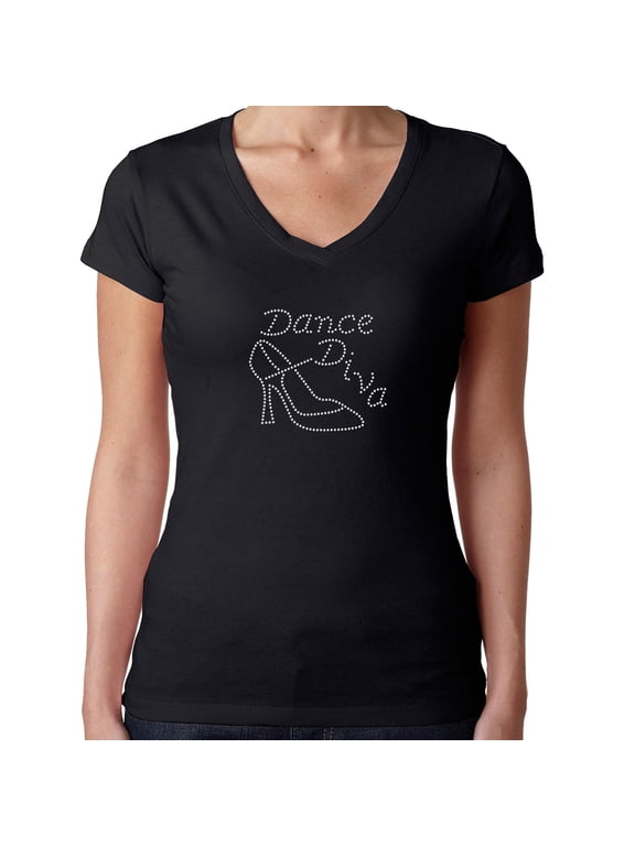 Womens T-Shirt Rhinestone Bling Black Tee Dance Diva Shoe V-Neck Large