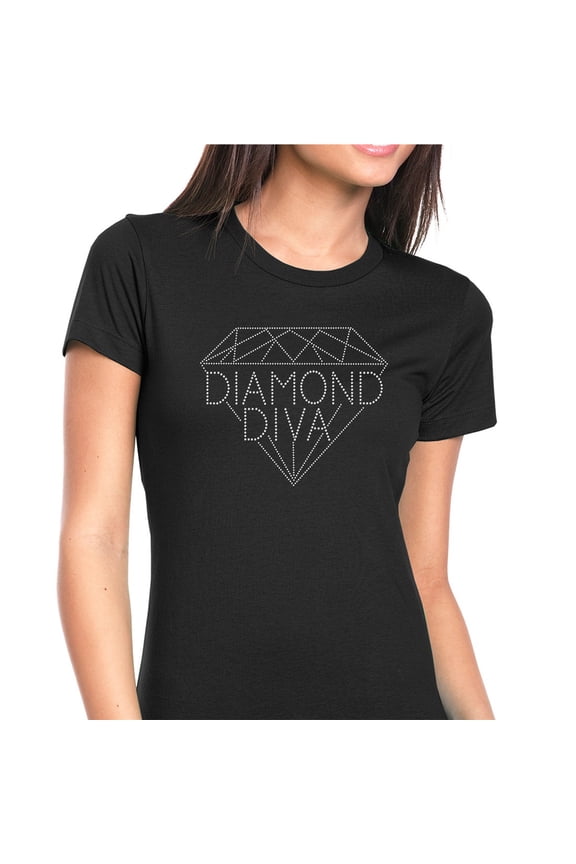 Womens T-Shirt Rhinestone Bling Black Tee Diamond Diva Fashion Sparkle Crew Neck X-Large