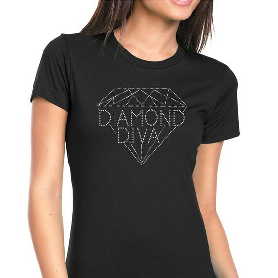 Womens T-Shirt Rhinestone Bling Black Tee Diamond Diva Fashion Sparkle Crew Neck X-Large