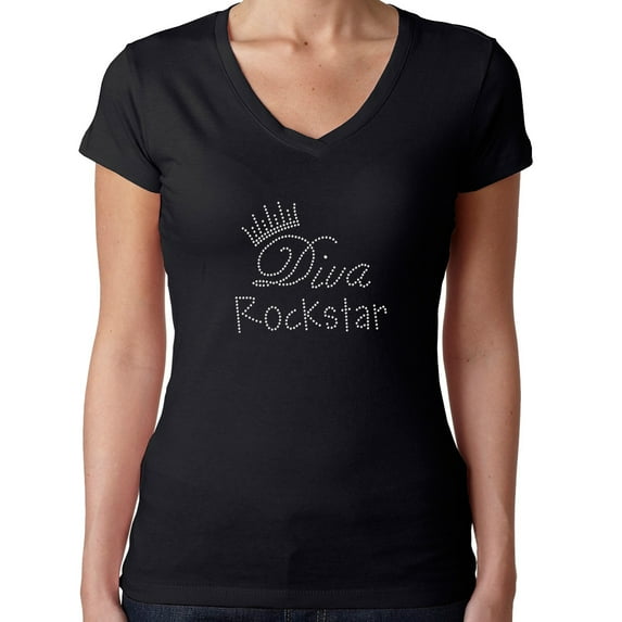 Womens T-Shirt Rhinestone Bling Black Tee Diva Rock Start White Crystal V-Neck Large