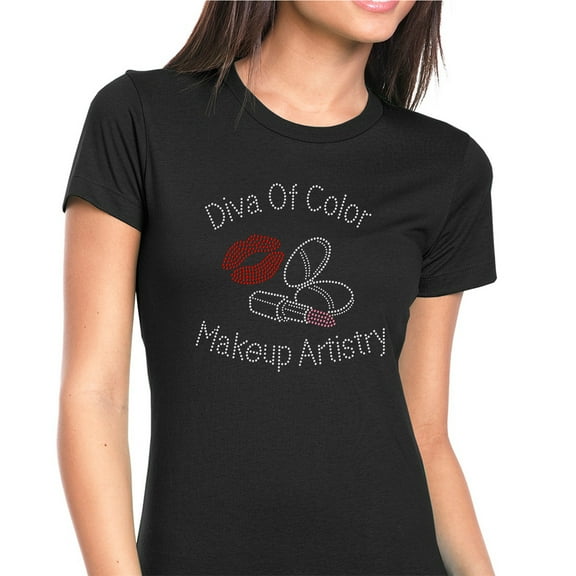 Womens T-Shirt Rhinestone Bling Black Tee Diva of Colors Makeup Artist Crew Neck Medium