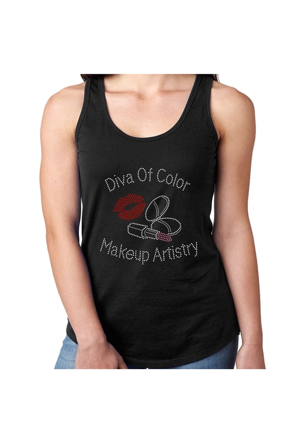 Womens T-Shirt Rhinestone Bling Black Tee Diva of Colors Makeup Artist Tank Racer Back Medium