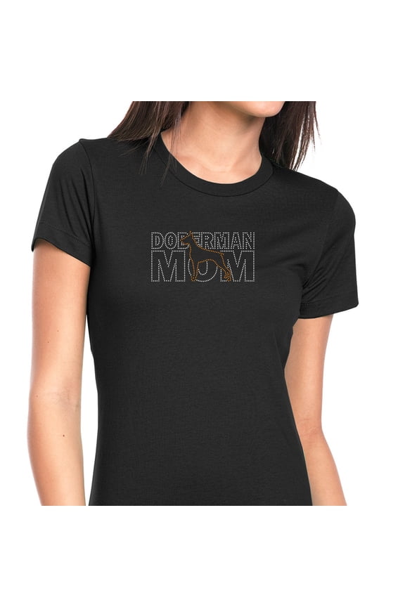 Womens T-Shirt Rhinestone Bling Black Tee Doberman Terrier Mom Dog Pet  Crew Neck XX-Large