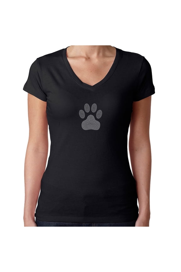 Womens T-Shirt Rhinestone Bling Black Tee Dog Paw Crystal White Clear V-Neck XX-Large