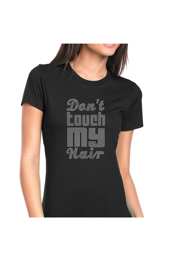 Womens T-Shirt Rhinestone Bling Black Tee Don't Touch My Hair Disco Style Crew Neck Large