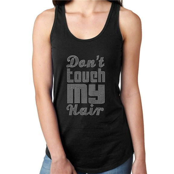 Womens T-Shirt Rhinestone Bling Black Tee Don't Touch My Hair Disco Style Tank Racer Back Large