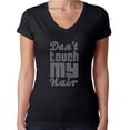 thumbnail image 1 of Womens T-Shirt Rhinestone Bling Black Tee Don't Touch My Hair Disco Style V-Neck Medium, 1 of 2