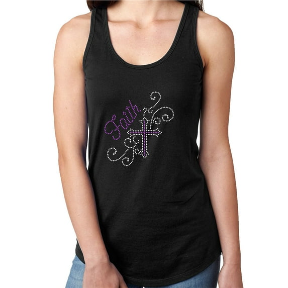 Womens T-Shirt Rhinestone Bling Black Tee Faith Cross Church Religion Tank Racer Back Medium