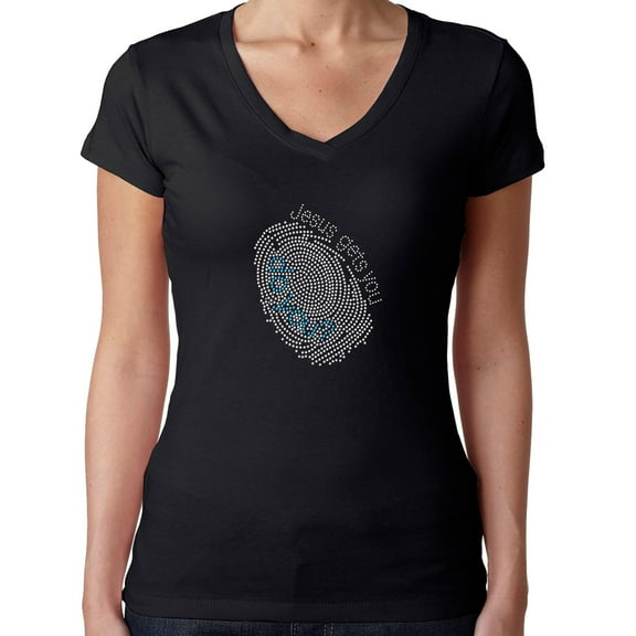 Womens T-Shirt Rhinestone Bling Black Tee Fingerprint Jesus Get You V-Neck Medium