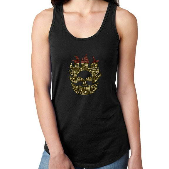 Womens T-Shirt Rhinestone Bling Black Tee Fire Flames Skull Tank Racer Back XX-Large