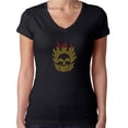 thumbnail image 1 of Womens T-Shirt Rhinestone Bling Black Tee Fire Flames Skull V-Neck Small, 1 of 2
