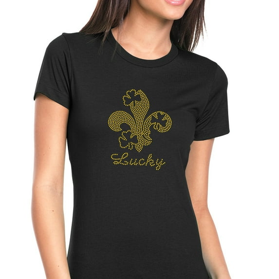 Womens T-Shirt Rhinestone Bling Black Tee Fleur de Lis Lucky Clover Crew Neck Small
