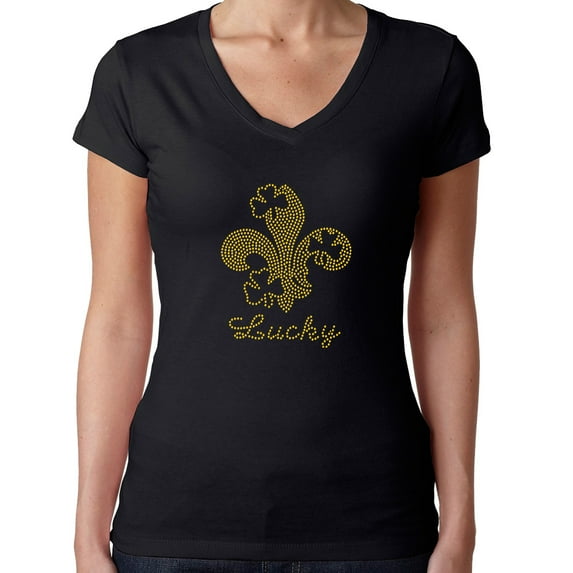 Womens T-Shirt Rhinestone Bling Black Tee Fleur de Lis Lucky Clover V-Neck XX-Large
