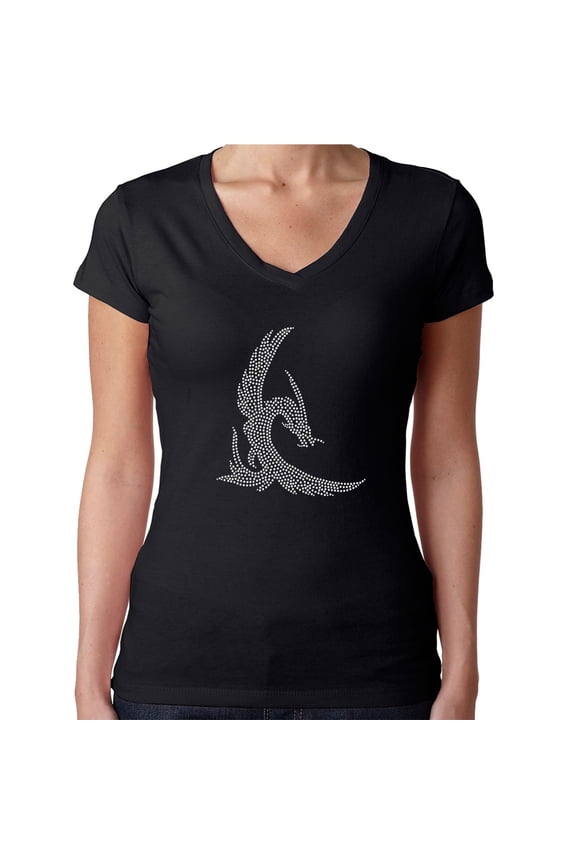 Womens T-Shirt Rhinestone Bling Black Tee Flying Dragon White Sparkle V-Neck Large