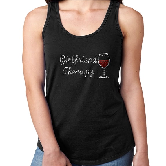 Womens T-Shirt Rhinestone Bling Black Tee Girlfriend Therapy Red Wine Glass Tank Racer Back Small