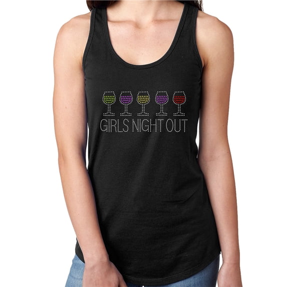 Womens T-Shirt Rhinestone Bling Black Tee Girls Night Out Wine Glass Tank Racer Back X-Large