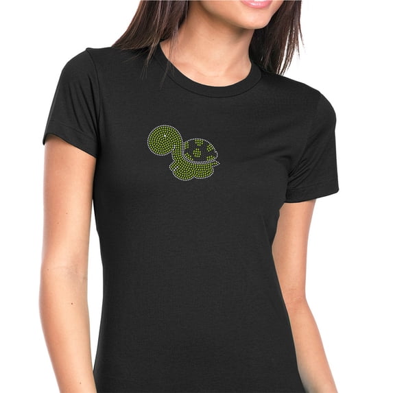 Womens T-Shirt Rhinestone Bling Black Tee Green Cute Turtle Sparkle Crew Neck Medium
