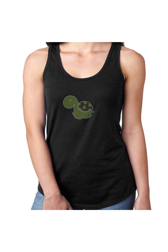 Womens T-Shirt Rhinestone Bling Black Tee Green Cute Turtle Sparkle Tank Racer Back Large