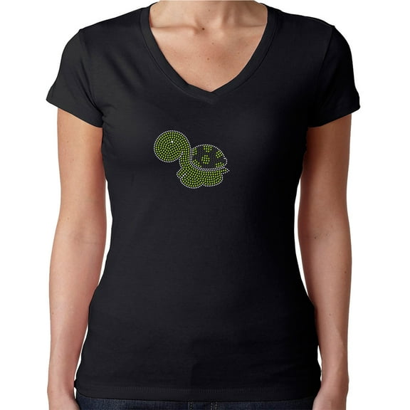 Womens T-Shirt Rhinestone Bling Black Tee Green Cute Turtle Sparkle V-Neck X-Large