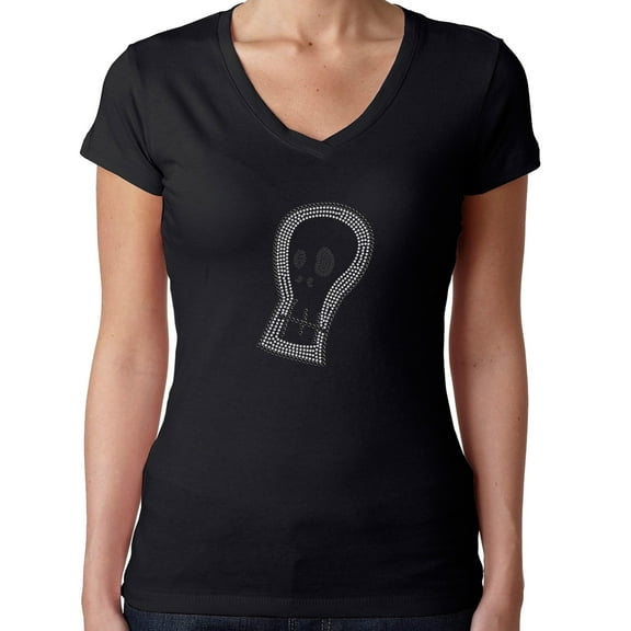 Womens T-Shirt Rhinestone Bling Black Tee Halloween Ghost Skull V-Neck Large