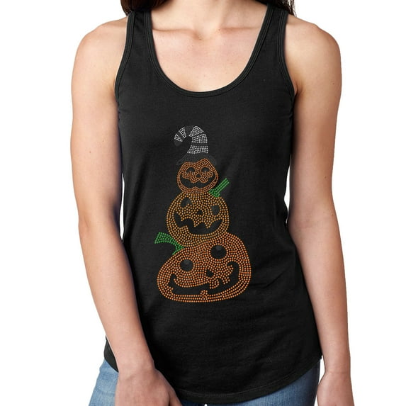 Womens T-Shirt Rhinestone Bling Black Tee Halloween Pumpkin Snowman Tank Racer Back Large