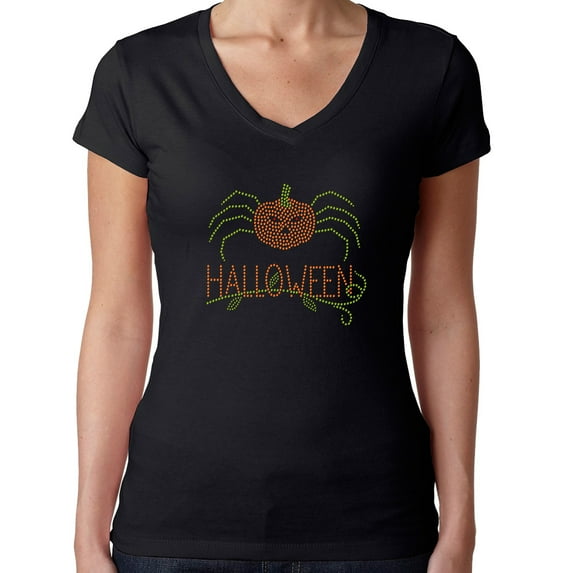 Womens T-Shirt Rhinestone Bling Black Tee Halloween Pumpkin Spider V-Neck X-Large