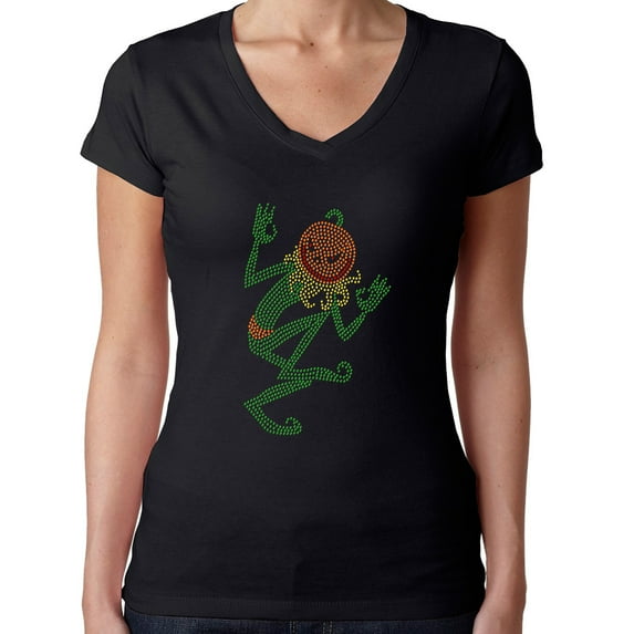 Womens T-Shirt Rhinestone Bling Black Tee Halloween Scary Pumpkin Head V-Neck XX-Large