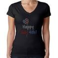 thumbnail image 1 of Womens T-Shirt Rhinestone Bling Black Tee Happy 4th of July Balloon Heart V-Neck Small, 1 of 2