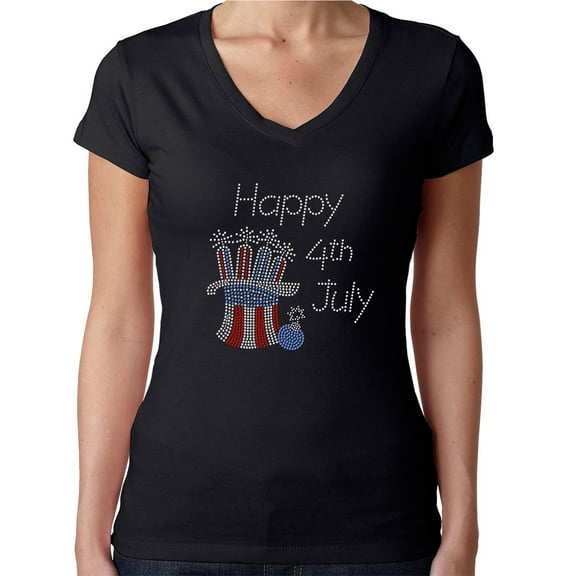 Womens T-Shirt Rhinestone Bling Black Tee Happy 4th of July Fireworks V-Neck Small