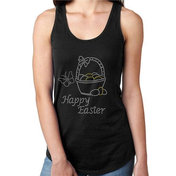 Womens T-Shirt Rhinestone Bling Black Tee Happy Easter Basket Eggs Tank Racer Back X-Large
