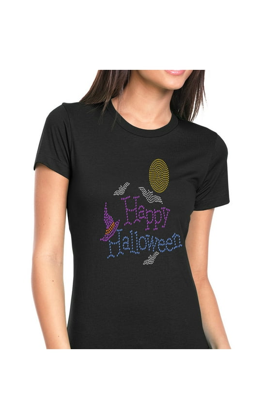 Womens T-Shirt Rhinestone Bling Black Tee Happy Halloween Bat Witch Hat Crew Neck Large