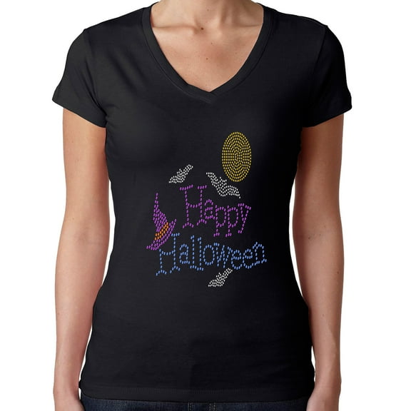 Womens T-Shirt Rhinestone Bling Black Tee Happy Halloween Bat Witch Hat V-Neck XX-Large