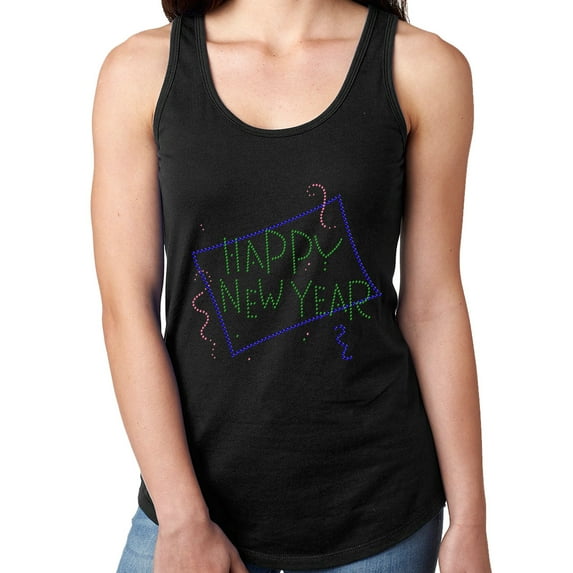 Womens T-Shirt Rhinestone Bling Black Tee Happy New Year Sparkle Tank Racer Back XX-Large