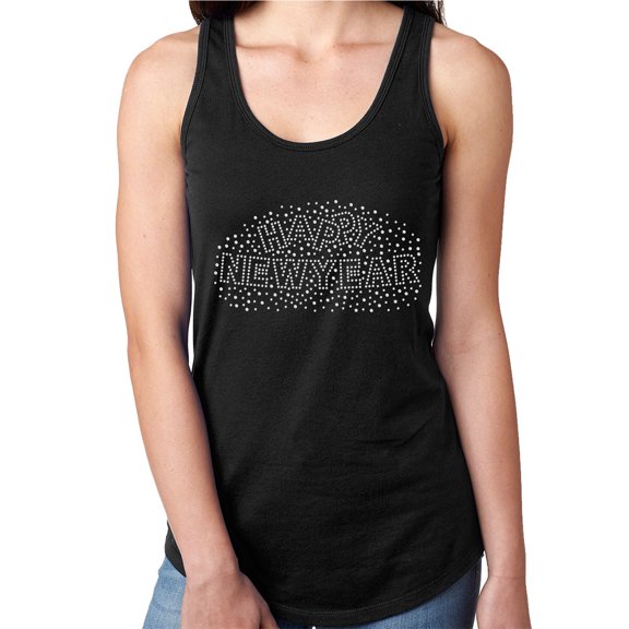 Womens T-Shirt Rhinestone Bling Black Tee Happy New Year Sparkle White Tank Racer Back Large