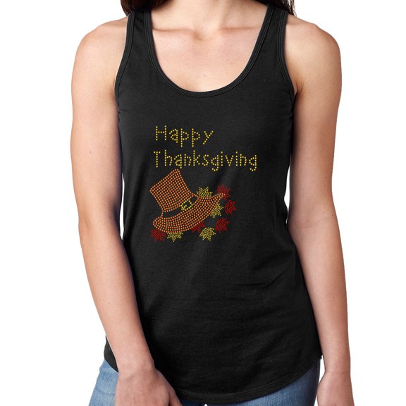 Womens T-Shirt Rhinestone Bling Black Tee Happy Thanksgiving Hat Flowers Tank Racer Back X-Large