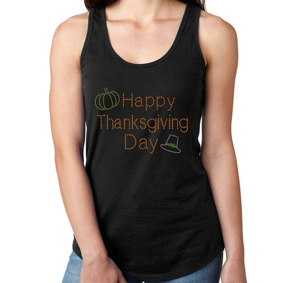 Womens T-Shirt Rhinestone Bling Black Tee Happy Thanksgiving Pumpkin Tank Racer Back XX-Large