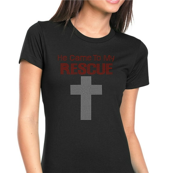 Womens T-Shirt Rhinestone Bling Black Tee He Came to my Rescue Jesus God Crew Neck XX-Large