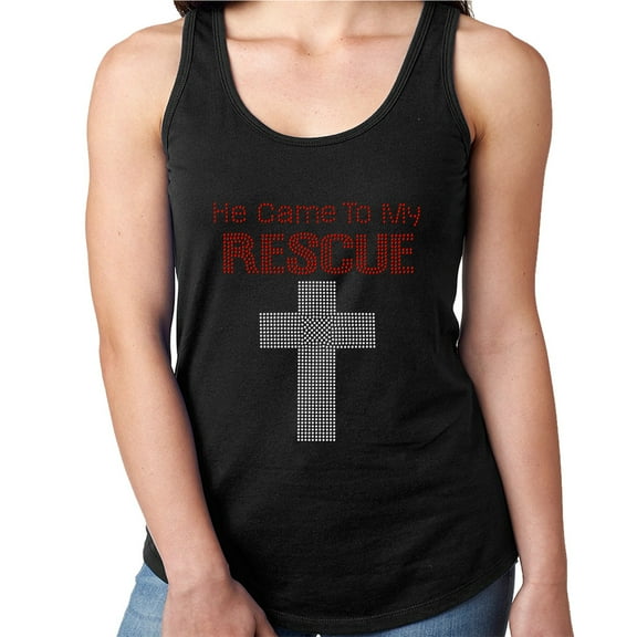 Womens T-Shirt Rhinestone Bling Black Tee He Came to my Rescue Jesus God Tank Racer Back XX-Large