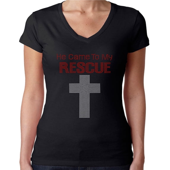 Womens T-Shirt Rhinestone Bling Black Tee He Came to my Rescue Jesus God V-Neck X-Large