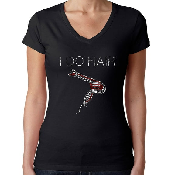 Womens T-Shirt Rhinestone Bling Black Tee I Do Hair Hairdryer Salon V-Neck Medium