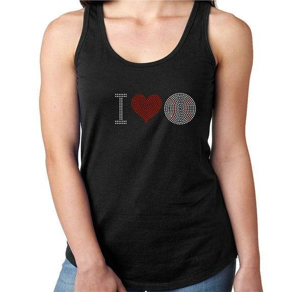 Womens T-Shirt Rhinestone Bling Black Tee I Love Baseball Red Heart Tank Racer Back X-Large
