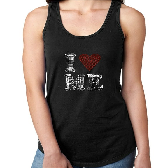 Womens T-Shirt Rhinestone Bling Black Tee I Love Me Red Heart Sparkle Tank Racer Back X-Large