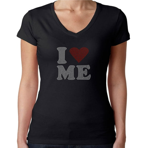 Womens T-Shirt Rhinestone Bling Black Tee I Love Me Red Heart Sparkle V-Neck XX-Large