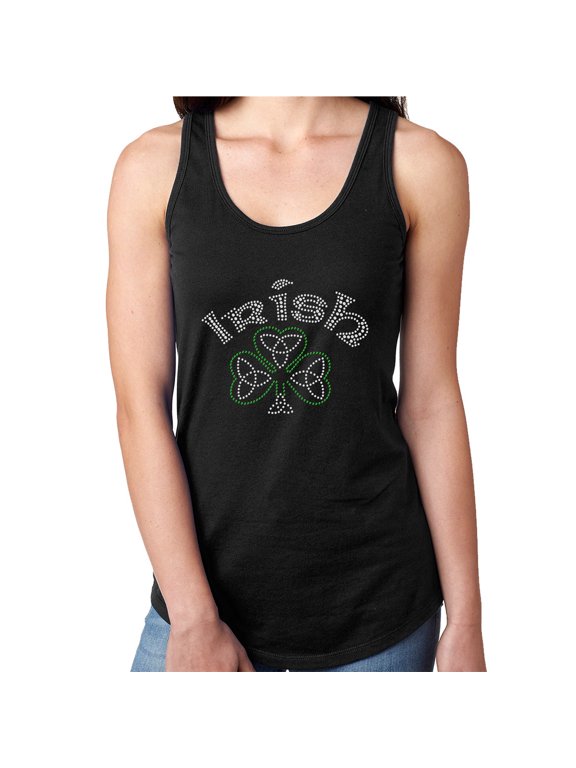 Womens T-Shirt Rhinestone Bling Black Tee Irish Celtic Shamrock Trinity Tank Racer Back X-Large