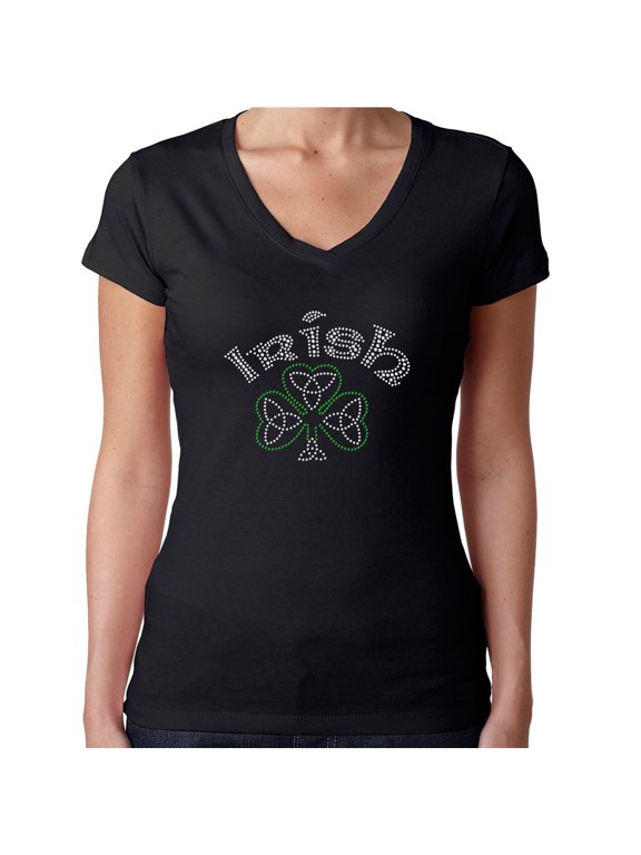 Womens T-Shirt Rhinestone Bling Black Tee Irish Celtic Shamrock Trinity V-Neck Small